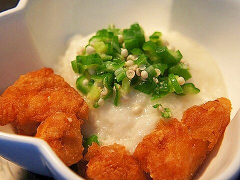 ねばねばオクラと長いもと唐揚げ丼♪